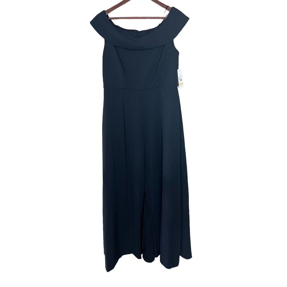 R&M Richards Cape Jumpsuit Womens Size 12 Navy Blue Boat Neck Short Sleeve NEW